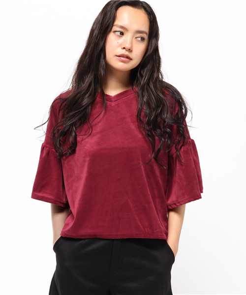 WEGO（ウィゴー）の「WEGO/ベロアVネック2WAYフリル7分袖Tシャツ（Tシャツ/カットソー・レディース・ブラック/ワイン/ネイビー・FREE）」の13枚目の写真