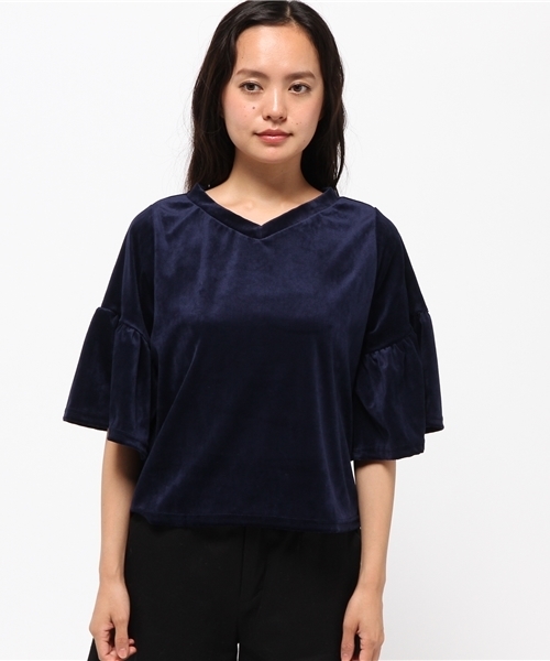 WEGO（ウィゴー）の「WEGO/ベロアVネック2WAYフリル7分袖Tシャツ（Tシャツ/カットソー・レディース・ブラック/ワイン/ネイビー・FREE）」の7枚目の写真