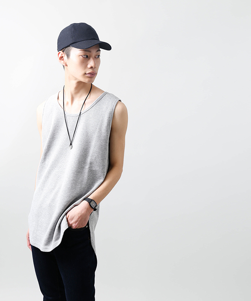 WEGO（ウィゴー）の「WEGO/【WEB限定】ワッフルラウンドロングタンクトップ（タンクトップ・メンズ・ブラック系その他5/杢グレー/ブラック/ホワイト・SMALL/LARGE/MEDIUM）」の5枚目の写真