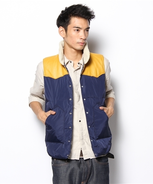 WEGO（ウィゴー）の「レザー切替ダウンベスト（ダウンベスト・メンズ・ブラック/ベージュ/ネイビー/オレンジ・SMALL/MEDIUM/LARGE）」の7枚目の写真