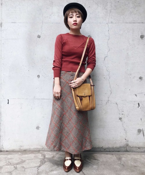 Ameri（アメリ）の「UNIQUE CHECK SKIRT（スカート・レディース・ベージュ/ブラック・S/M/SMALL/MEDIUM）」の4枚目の写真