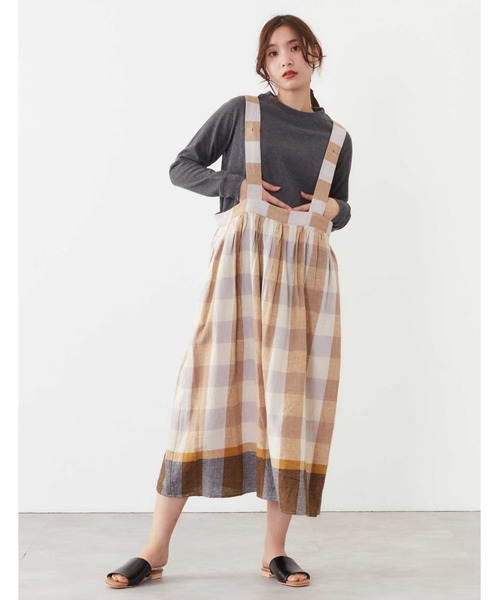 POU DOU DOU（プードゥドゥ）の「リネンコットンパネルチェックジャンスカ（ジャンパースカート・レディース・ネイビー/ピンク/イエロー・3）」の3枚目の写真