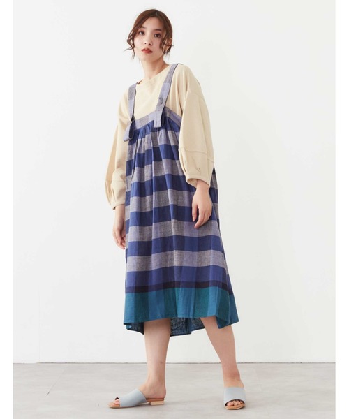 POU DOU DOU（プードゥドゥ）の「リネンコットンパネルチェックジャンスカ（ジャンパースカート・レディース・ネイビー/ピンク/イエロー・3）」の2枚目の写真
