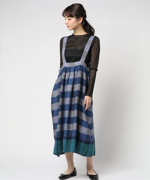 POU DOU DOU（プードゥドゥ）の「リネンコットンパネルチェックジャンスカ（ジャンパースカート・レディース・ネイビー/ピンク/イエロー・3）」の5枚目の写真