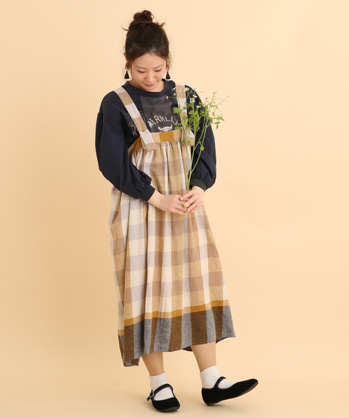 POU DOU DOU（プードゥドゥ）の「リネンコットンパネルチェックジャンスカ（ジャンパースカート・レディース・ネイビー/ピンク/イエロー・3）」の4枚目の写真