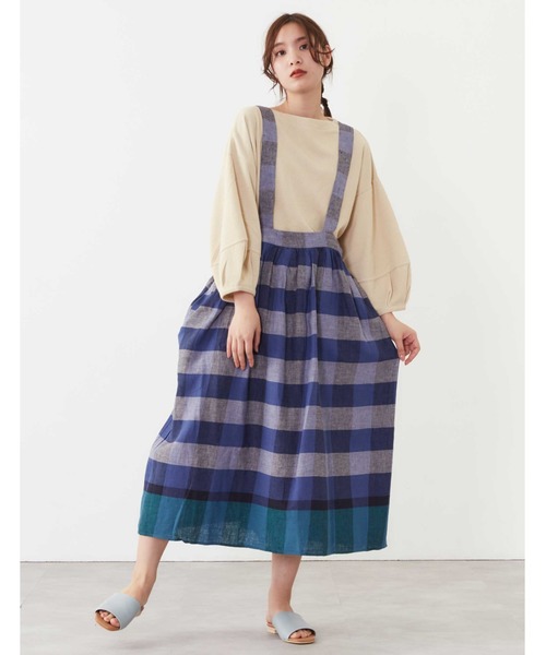 POU DOU DOU（プードゥドゥ）の「リネンコットンパネルチェックジャンスカ（ジャンパースカート・レディース・ネイビー/ピンク/イエロー・3）」の22枚目の写真