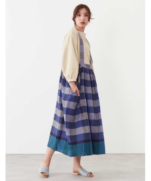 POU DOU DOU（プードゥドゥ）の「リネンコットンパネルチェックジャンスカ（ジャンパースカート・レディース・ネイビー/ピンク/イエロー・3）」の21枚目の写真