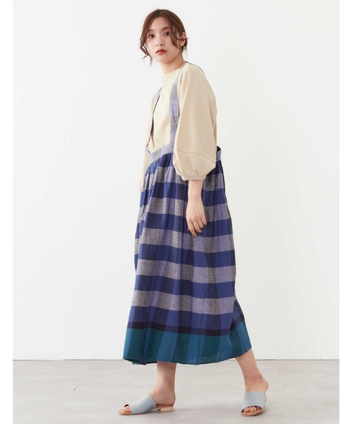 POU DOU DOU（プードゥドゥ）の「リネンコットンパネルチェックジャンスカ（ジャンパースカート・レディース・ネイビー/ピンク/イエロー・3）」の20枚目の写真