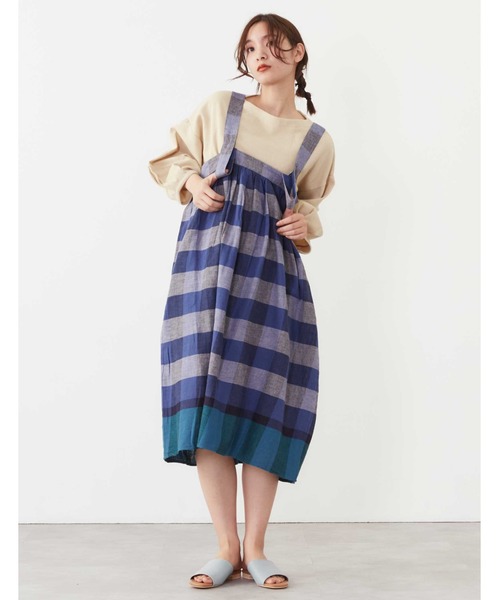 POU DOU DOU（プードゥドゥ）の「リネンコットンパネルチェックジャンスカ（ジャンパースカート・レディース・ネイビー/ピンク/イエロー・3）」の19枚目の写真