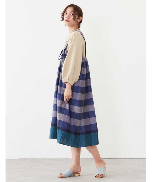 POU DOU DOU（プードゥドゥ）の「リネンコットンパネルチェックジャンスカ（ジャンパースカート・レディース・ネイビー/ピンク/イエロー・3）」の18枚目の写真