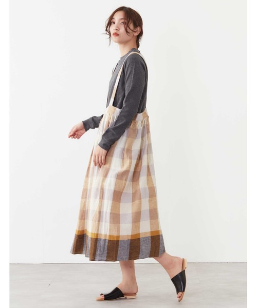 POU DOU DOU（プードゥドゥ）の「リネンコットンパネルチェックジャンスカ（ジャンパースカート・レディース・ネイビー/ピンク/イエロー・3）」の14枚目の写真