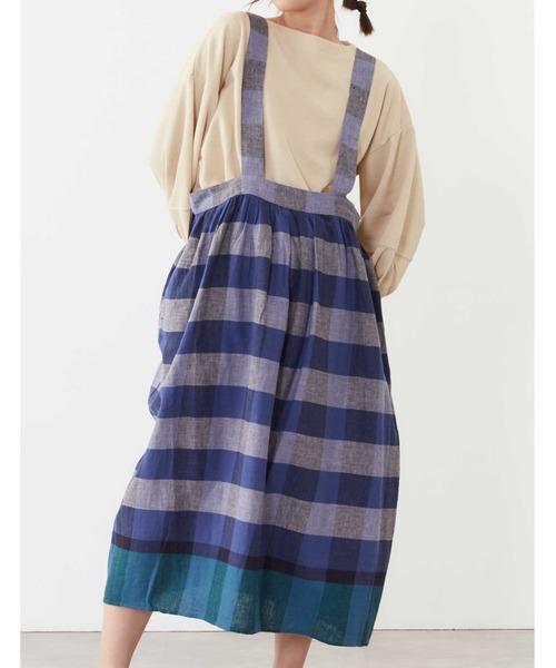 POU DOU DOU（プードゥドゥ）の「リネンコットンパネルチェックジャンスカ（ジャンパースカート・レディース・ネイビー/ピンク/イエロー・3）」の10枚目の写真