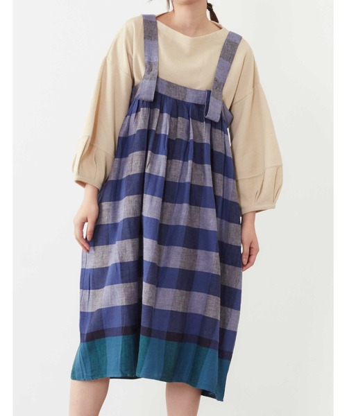 POU DOU DOU（プードゥドゥ）の「リネンコットンパネルチェックジャンスカ（ジャンパースカート・レディース・ネイビー/ピンク/イエロー・3）」の7枚目の写真