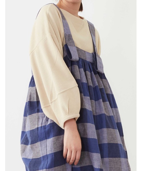 POU DOU DOU（プードゥドゥ）の「リネンコットンパネルチェックジャンスカ（ジャンパースカート・レディース・ネイビー/ピンク/イエロー・3）」の6枚目の写真