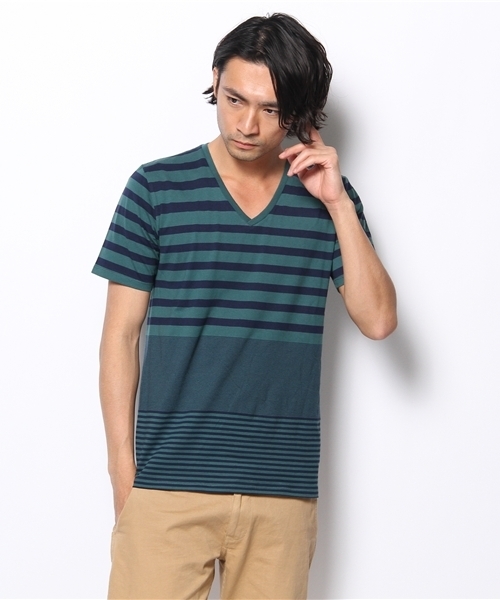 AMERICAN RAG CIE(アメリカンラグシー)の「AMERICAN RAG CIE ランダムピッチボーダーカットソー 108-AOB-M131-CT070∵(Tシャツ/カットソー・メンズ・グリーン系その他/アイボリー/ブルー系その他・1/2)」の3枚目の写真