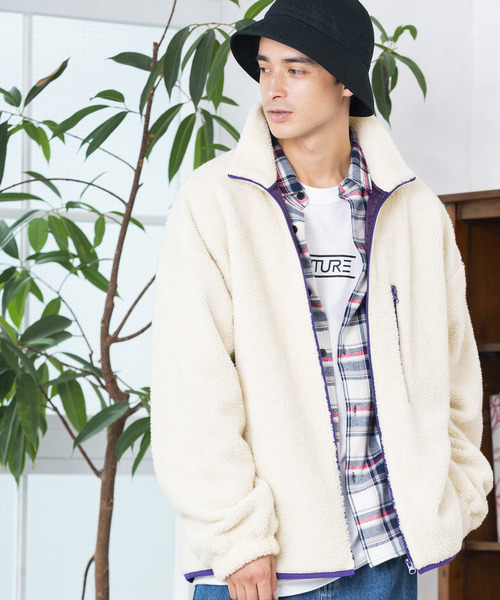 WEGO（ウィゴー）の「WEGO/ボアスタンドブルゾン（ブルゾン・メンズ・ブラック/パープル/アイボリー/キャメル/ネイビー/ライトベージュ・MEDIUM/LARGE/SMALL）」の2枚目の写真