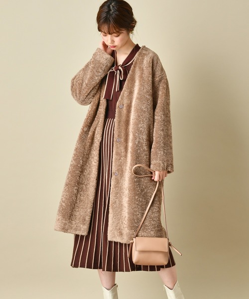 natural couture（ナチュラルクチュール）の「配色プリーツボウタイニットワンピース（ワンピース・レディース・ブラウン/ベージュ/サックスブルー/ラベンダー・FREE）」の17枚目の写真