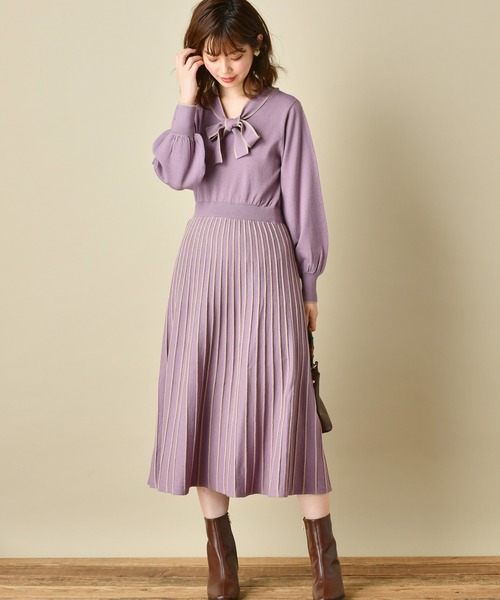 natural couture（ナチュラルクチュール）の「配色プリーツボウタイニットワンピース（ワンピース・レディース・ブラウン/ベージュ/サックスブルー/ラベンダー・FREE）」の15枚目の写真