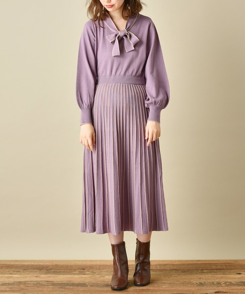 natural couture（ナチュラルクチュール）の「配色プリーツボウタイニットワンピース（ワンピース・レディース・ブラウン/ベージュ/サックスブルー/ラベンダー・FREE）」の19枚目の写真