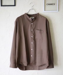 日本製 バンドカラー長袖とろみシャツ 襟なしシャツ