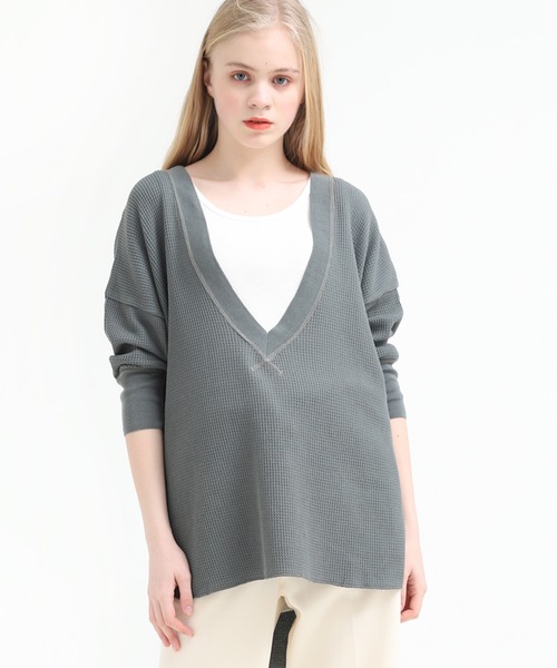 Audition(オーディション)の「M1397 ヴィンテージワッフルVネックプルオーバー(Tシャツ/カットソー・レディース・ブラック/オリーブ/キナリ・MEDIUM)」の3枚目の写真