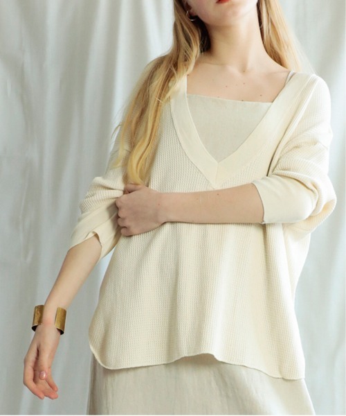 Audition(オーディション)の「M1397 ヴィンテージワッフルVネックプルオーバー(Tシャツ/カットソー・レディース・ブラック/オリーブ/キナリ・MEDIUM)」の1枚目の写真
