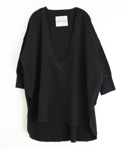 Audition(オーディション)の「M1397 ヴィンテージワッフルVネックプルオーバー(Tシャツ/カットソー・レディース・ブラック/オリーブ/キナリ・MEDIUM)」の2枚目の写真
