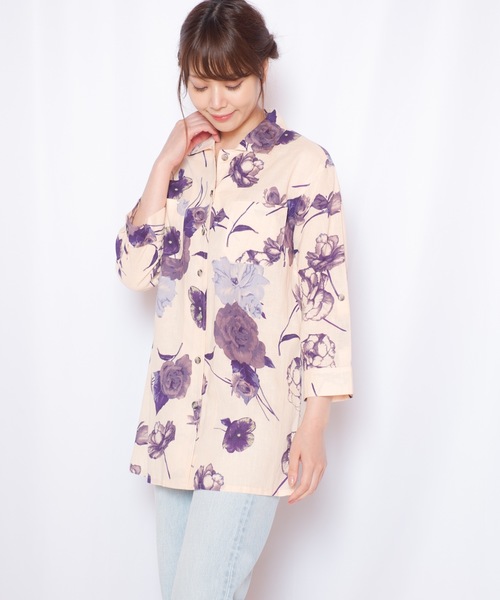 GGD SELECT（ジージーディー　セレクト）の「ハヴァナイストリップ HAVEANICETRIP 綿麻ボイルスペースフラワーロングシャツ（シャツ/ブラウス・レディース・イエロー/オレンジ・L/M/LL）」の2枚目の写真