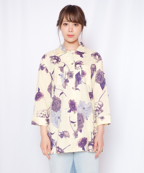 GGD SELECT（ジージーディー　セレクト）の「ハヴァナイストリップ HAVEANICETRIP 綿麻ボイルスペースフラワーロングシャツ（シャツ/ブラウス・レディース・イエロー/オレンジ・L/M/LL）」の5枚目の写真
