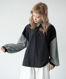 2wayギンガムチェックコンビブラウス