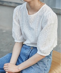 コットン100% 刺繍ハーフスリーブブラウス