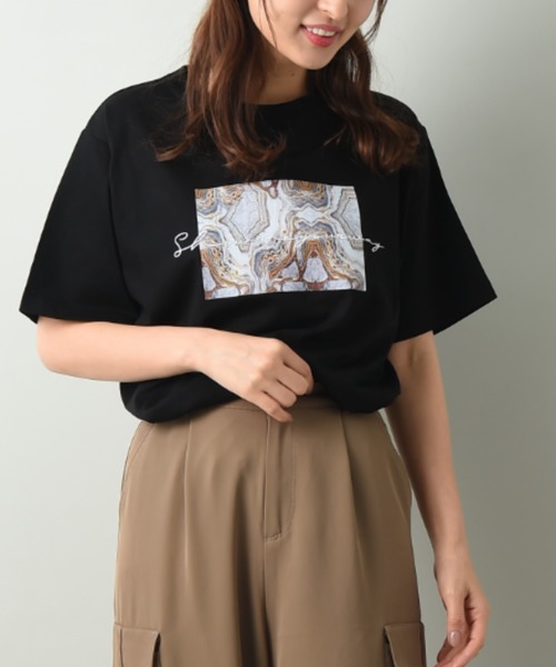 INTERPLANET(インタープラネット)の「刺繍ロゴ*ストゥレイタムプリントドライタッチコットンTシャツ(Tシャツ/カットソー・レディース・ブラック/キャメル/オフホワイト・FREE)」の7枚目の写真