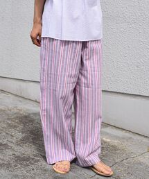 【WEB限定/SHIPS別注】MACOBER: コットン/リネン ピンク ストライプ ワイド ストレート シェフパンツ