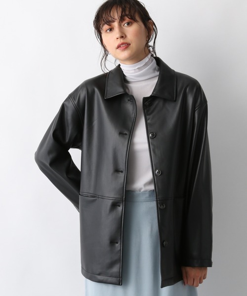 レザーハーフコート　変形襟　未使用ですが…難あり❗ A part by（アパートバイ）の「フェイクレザーステンカラーコート