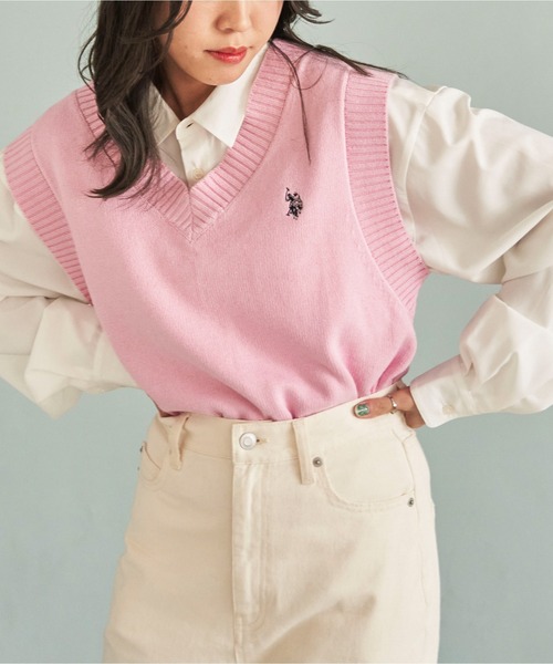U.S. POLO ASSN.（ユーエスポロアッスン）の「∴WEGO/U.S. POLO ASSN. 別注カラーワンポイントベスト（ベスト・レディース・サックスブルー/グリーン/ピンク/杢グレー/オフホワイト/ブルー系その他/ブラック/ライトイエロー・FREE）」の22枚目の写真