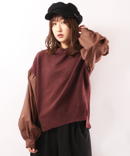 EACH.（イーチ）の「【EACH】VOLUME SLEEVE COMBI KNIT　ニット　ボリューム袖（ニット/セーター・レディース・ブルー/グレー/ブラウン・FREE）」の2枚目の写真