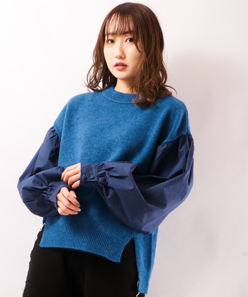 EACH.（イーチ）の「【EACH】VOLUME SLEEVE COMBI KNIT　ニット　ボリューム袖（ニット/セーター・レディース・ブルー/グレー/ブラウン・FREE）」の3枚目の写真