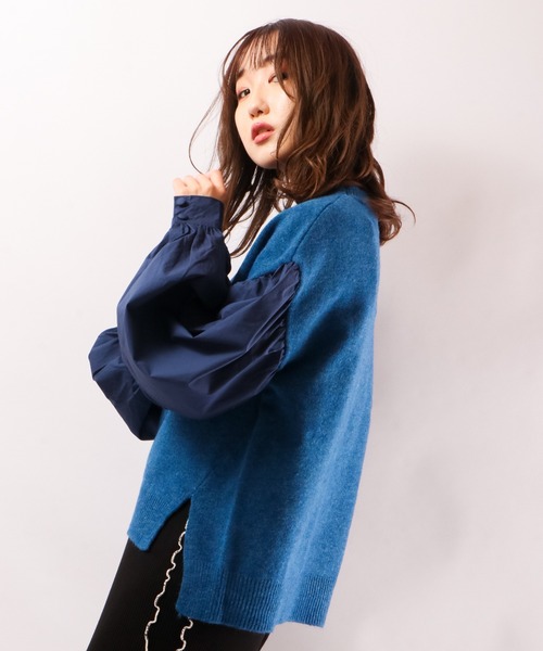 EACH.（イーチ）の「【EACH】VOLUME SLEEVE COMBI KNIT　ニット　ボリューム袖（ニット/セーター・レディース・ブルー/グレー/ブラウン・FREE）」の7枚目の写真