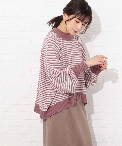 Cutie Blonde（キューティーブロンド）の「◆【S-L】マルチボーダーカラーニット（ニット/セーター・レディース・ベージュ系2/ダークグリーン系2/ピンク系7・01/02/03）」の3枚目の写真