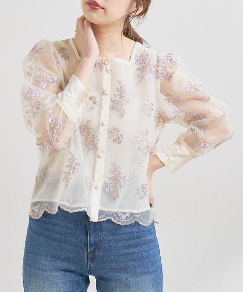natural couture（ナチュラルクチュール）の「オーガンジー刺繍パフブラウス（シャツ/ブラウス・レディース・サックスブルー/ピンク/アイボリー・FREE）」の2枚目の写真