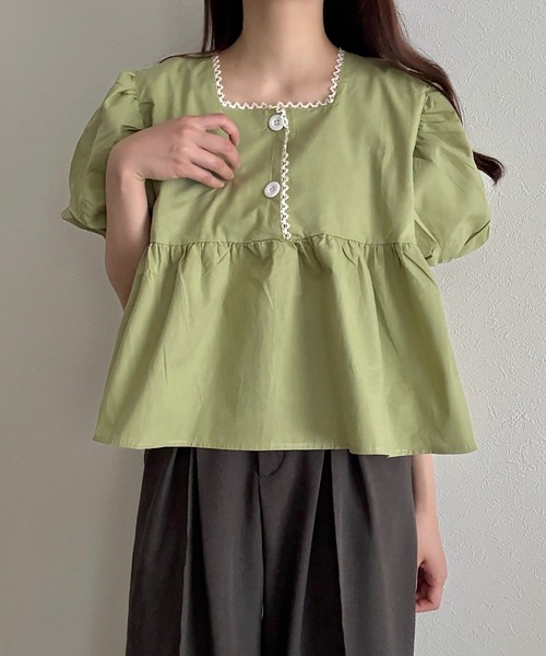 Cham.(チャム)の「バルーン袖ボタンブラウス(シャツ/ブラウス・レディース・オフホワイト/ベージュ/グリーン・F)」の11枚目の写真
