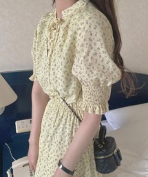 花柄シフォンリボンロングワンピース