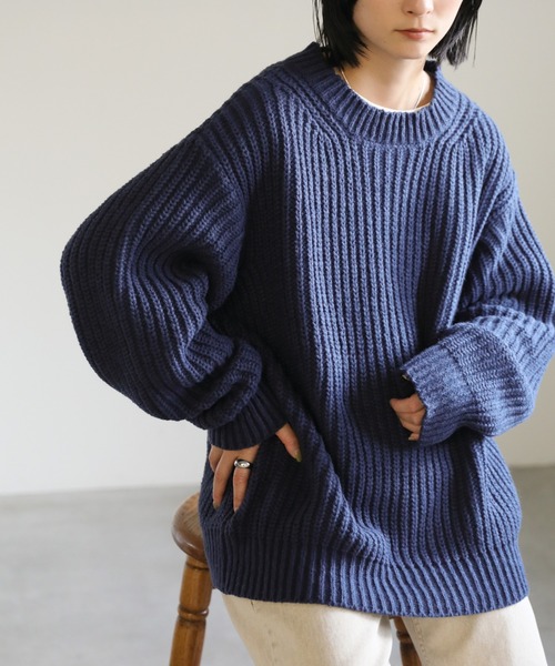 クルーネックローゲージメンズライクニット（ニット/セーター