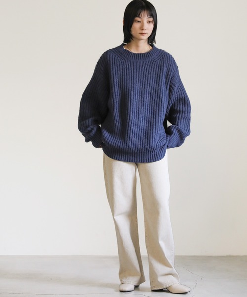 クルーネックローゲージメンズライクニット（ニット/セーター