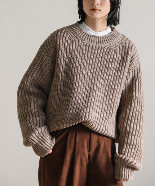 クルーネックローゲージメンズライクニット（ニット/セーター