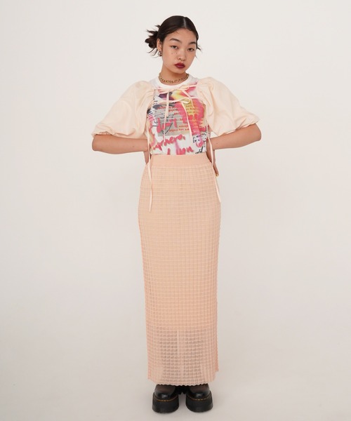 TINA：JOJUN（ティーナジョジュン）の「シアーチェック ニットスカート TINA：JOJUN（スカート・レディース・ネイビー/コーラル・S/M）」の3枚目の写真