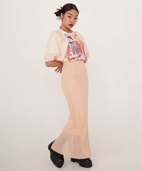 TINA：JOJUN（ティーナジョジュン）の「シアーチェック ニットスカート TINA：JOJUN（スカート・レディース・ネイビー/コーラル・S/M）」の4枚目の写真