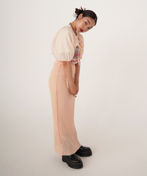 TINA：JOJUN（ティーナジョジュン）の「シアーチェック ニットスカート TINA：JOJUN（スカート・レディース・ネイビー/コーラル・S/M）」の5枚目の写真