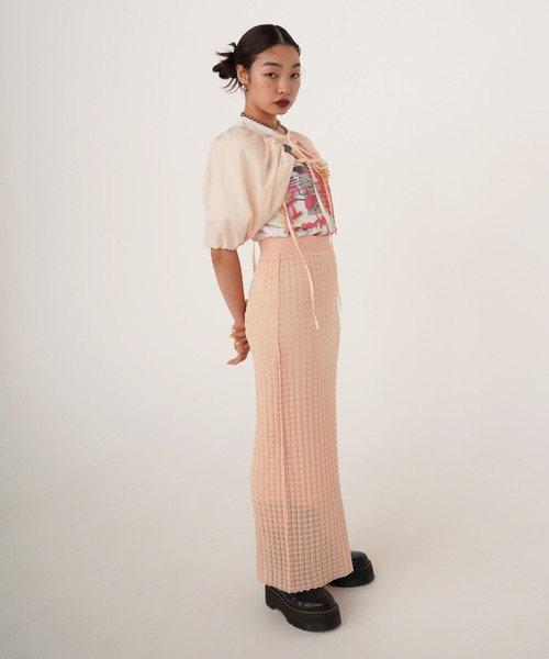 TINA：JOJUN（ティーナジョジュン）の「シアーチェック ニットスカート TINA：JOJUN（スカート・レディース・ネイビー/コーラル・S/M）」の6枚目の写真