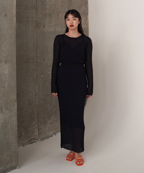 TINA：JOJUN（ティーナジョジュン）の「シアーチェック ニットスカート TINA：JOJUN（スカート・レディース・ネイビー/コーラル・S/M）」の7枚目の写真